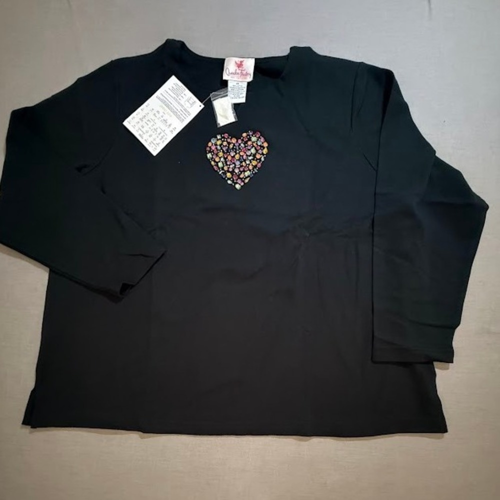 The Quaker Factory Heart Embellished Black Long Sleeve Top Women's 2X